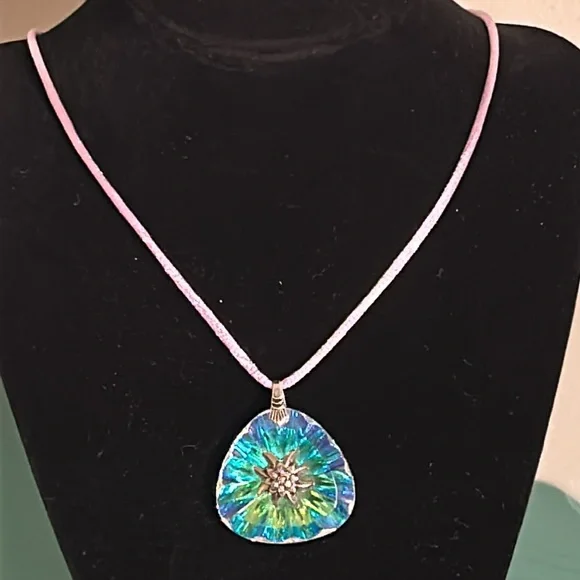 Vintage Iridescent Mermaid Glass Flower Encrusted Pendant on Silk Cord Necklace - Picture 7 of 8